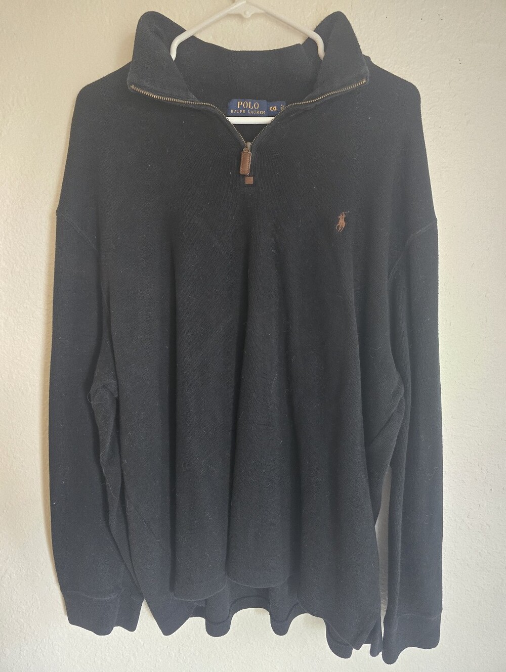 Polo by Ralph Lauren Black Quarter-Zip Pullover with brown logo mock neck preppy